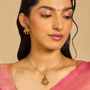 Fine Women's Religious Jewelry Sets-Oxidised Gold Crown <b>Ruby</b> Temple Pendant <b>Necklace</b> & Earrings Set for Hinduism Ceremonies - Product Image 1