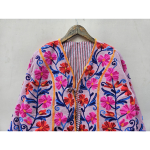 Indian Handmade Quilted <b>Women's</b> Winter Jacket Unique Bohemian Style Vibrant Floral Design Suzani Embroidery Breathable Stripe - Product Image 4
