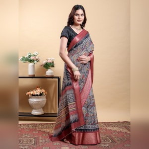 Sari traditionnel gris élégant personnalisé avec bordure contrastée en zari marron assorti GG-637, large et sophistiqué - Product Image 5