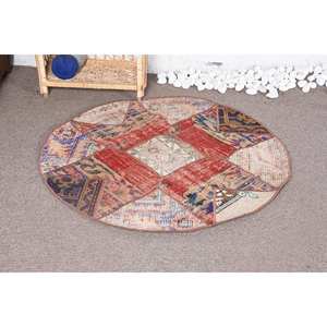 Tapis turc vintage style bohème 3.4x3.4 pieds classique grande surface motif patchwork en laine avec support en latex pour une utilisation dans le couloir - Product Image 1