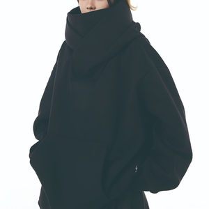 Sudadera con Capucha para Mujer, Informal, Gruesa, de Color Negro Sólido, Holgada, con Bolsillo Tipo Canguro, Cuello Alto - Product Image 1