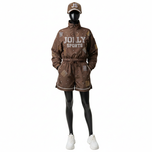 Conjunto Corto de Chaqueta Cortavientos para Mujer, Nailon y Poliéster, Suave, Resistente al Viento, Color Marrón, con Logotipo Personalizado, Conjunto de Pantalones Cortos Cortavientos Transpirables para Mujer - Product Image 6