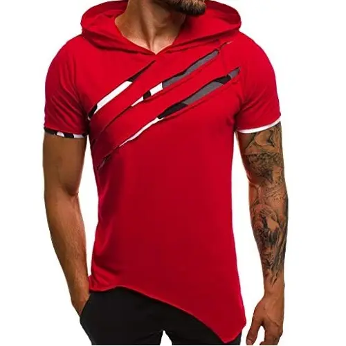 Nuevo diseño personalizado hombres francés Terry algodón desgastado rasgado Color rojo camiseta con capucha Slim Fit camiseta para niños