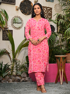 Kurti décontracté pour femmes, en coton rose à rayures imprimées, séchage rapide, manches trois quarts, ethnique, pour les fêtes - Product Image 5