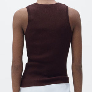 Camiseta sin mangas acanalada de algodón chocolate personalizable, transpirable, ecológica, de punto, cuello Halter, informal, Tallas grandes - Product Image 6