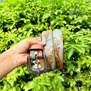 Cinturón de Cuero Vacuno Pintado a Mano Estilo Occidental, Hebilla de Aleación de Zinc de Primera Calidad, Diseño Paisley, 40 mm de Ancho, Cuero Argentino - Product Image 6