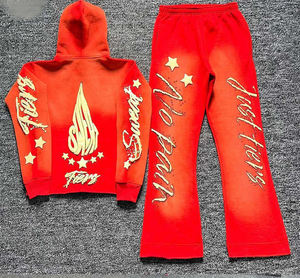 Conjunto personalizado de pantalones de chándal acampanados con lavado ácido y Sudadera con capucha, conjuntos de chándal estampados de gran tamaño de algodón, chándal Vintage Unisex con capucha para hombre - Product Image 1