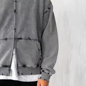 Qualité supérieure Sun Faded Dabble Zipper Lavage à l'acide Déchiré Détresse Hommes Zipper Hoodies Fabricant Top Tendance Bonne Qualité - Product Image 6