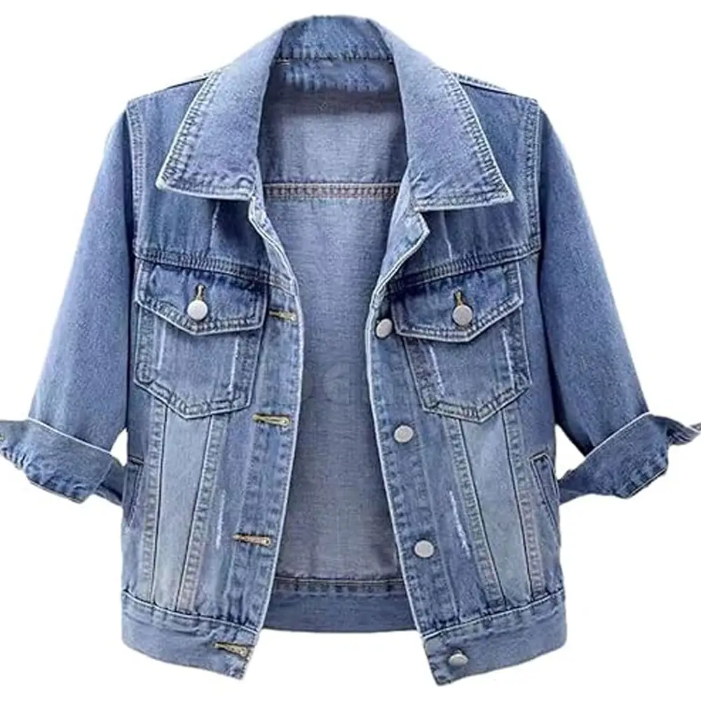 Оптовая продажа, Стильная джинсовая куртка с логотипом на заказ, Летняя женская повседневная короткая джинсовая куртка