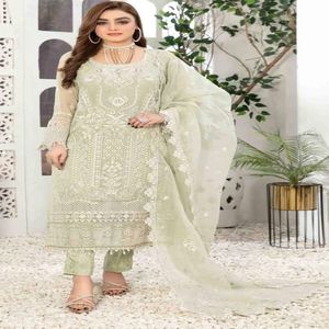 Ensemble 3 pièces brodé lourd pour femmes robe pakistanaise indienne semi-cousue Viscose non cousue Shalwar & Dupatta pour adultes - Product Image 4