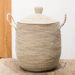 ชุดตะกร้าเก็บหญ้าทะเล3ใบพร้อมที่จับฝาปิดวัสดุผ้าพลาสติกสำหรับห้องครัวห้องน้ำที่เก็บเครื่องประดับของเวียดนาม - Product Image 6