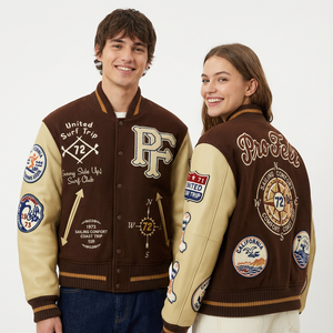 Veste universitaire de qualité supérieure, vente en gros OEM, corps en laine, manches en cuir PU, patch noir de style lettreman, collage, veste de baseball pour hommes - Product Image 5