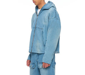 Veste pour homme en denim de coton personnalisée OEM Veste de travailleur à capuche zippée unie délavée vintage de haute qualité pour hommes - Product Image 3