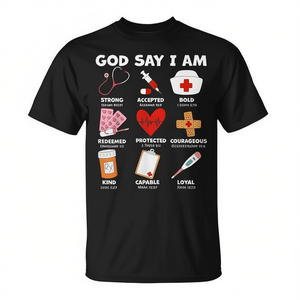Maglietta Promozionale per Infermieri con Scritta 'Dio dice che sono forte e protetto' - Product Image 2
