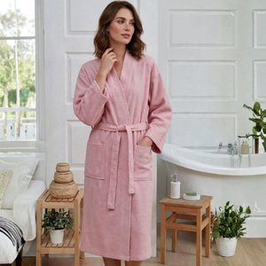 Bata de Baño Unisex de Algodón 100% con Tejido Interlock Piqué y Waffle, para Hotel y Spa, con Logotipo Personalizado, Proveedor OEM Turquía - Color Rosa Claro - Product Image 2