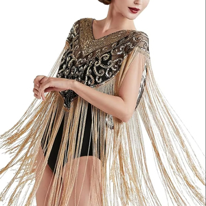 Robe de club de fête brodée par logo élégant avec des brins de perles perlées Cape à paillettes Silhouette droite Décoration naturelle - Product Image 1