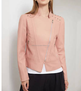 <b>Pink</b> Leather Women's <b>Jackets</b> Slim Fit Moto Style Studded Shoulders Asymmetrical Zip Biker Outerwear with Zipper Pockets - Product Image 5