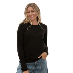Women <b>Black</b> Heavyweight <b>Long</b> Sleeve Crew Neck <b>T</b> <b>Shirt</b> 100% Luxury Organic Cotton Pre Shrunk GOTS Certified Premium Soft Fit Tee - Product Image 3