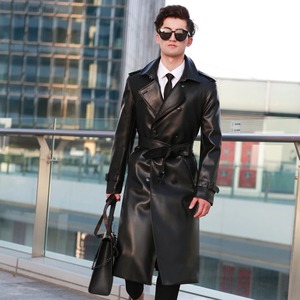 Trench-coat en cuir imperméable et en toile pour hommes, long au genou, double boutonnage, veste de mode britannique classique, gilet en duvet épais - Product Image 5