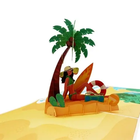 نام الحرفية و فتاة على شاطئ بطاقة تحية على شكل حيوانات 3D اليدوية ورقة الليزر قطع Kirigami الجملة الصيف تحية بطاقة
