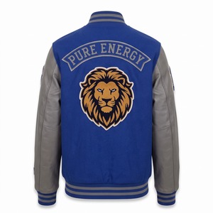 Varsity Bomber <b>Jacket</b> <b>Royal</b> <b>Blue</b> Grey Chenille Lion Head Patch Genuine Leather Sleeve Varsity Bomber OEM - Product Image 2