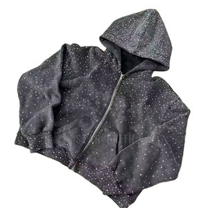 Sudadera con capucha de diamantes de imitación con lavado ácido para mujer, ropa informal transpirable con detalles brillantes para trajes diarios - Product Image 2
