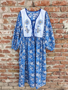 Hand <b>Block</b> <b>Printed</b> Casual Indian Cotton Dress Long Maxi Gown with Floral Embroidery and Tassel Decoration - Product Image 3