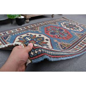 Alfombra étnica Vintage turca clásica de 3,9x7 pies de lana Azul Rojo diseño de retazos área grande para adolescentes rectángulo pasillo modelo látex - Product Image 3