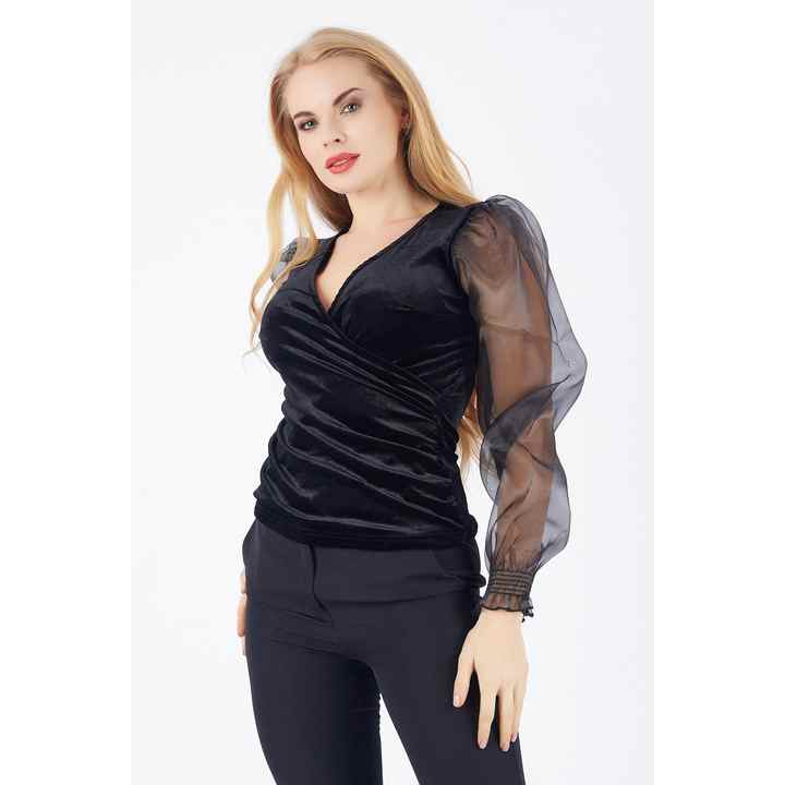 Double Breasted Velvet Sleeves Organza Blouse | Blz32561 Black