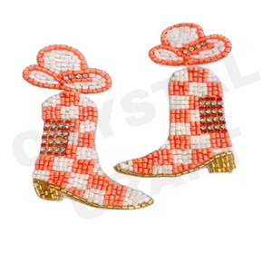 Cowgirl <b>Hat</b> Boots Beaded Earrings for <b>Women</b> Patriotic Orange White Blue Colour for <b>Wedding</b> or Memorial Day - Product Image 1