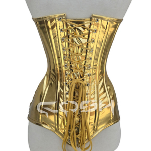Glossy Gold Deep Neck Overbust High Compression Firm Control <b>Corset</b> Waist Slimmer Breathable PVC Clubwear Fashion Rivet - Product Image 6