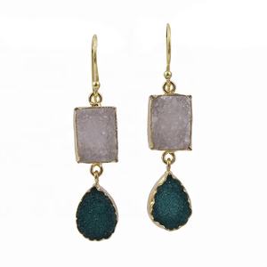 Boucles d'oreilles en pierre précieuse Druzy bleu élégant fait à la main plaqué or crochet Style Double Druzy bijoux bijoux de mode - Product Image 4