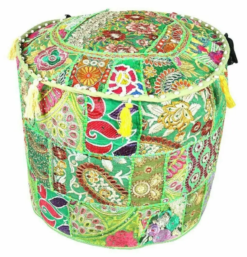New Indian Handmade Round Patchwork Pouf Ethnic Round Stool Home Decor Multicolor Soft Seating Round Printed Ottoman For Wedding