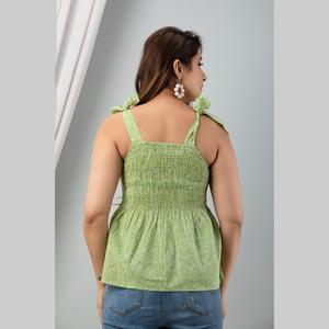 Light Green Cotton Poplin Sleeveless Tank <b>Top</b> with Smocked Detail Printed Design - Product Image 2