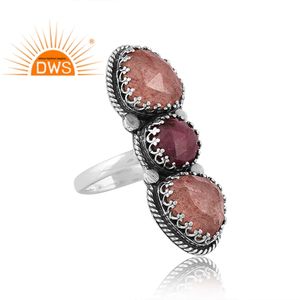 แหวนควอตซ์อัญมณีสเตอริควอตซ์ทับทิมธรรมชาติทำจากเงินสเตอร์ลิงออกซิไดซ์ - Product Image 3