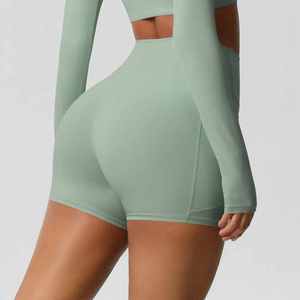 Pantalones cortos de motorista acanalados elásticos de cintura alta para mujer, mallas deportivas suaves y cómodas, sin costuras, cintura alta - Product Image 4