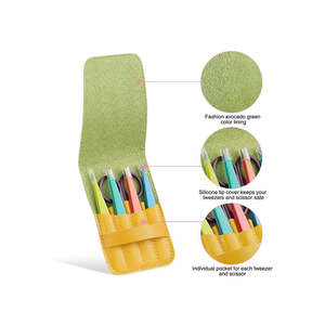 Ensemble de 5 pinces à épiler en acier inoxydable personnalisées, pointe inclinée colorée, avec étui en cuir - Product Image 3