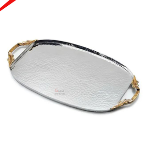 ถาดเสิร์ฟพร้อมที่จับรูปใบไม้สีทองดีไซน์ทุบทำจากเงินคุณภาพดีระดับพรีเมียม - Product Image 1