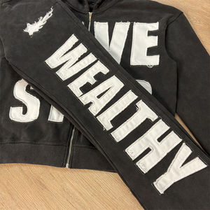 Conjunto de pantalones de chándal bordados con apliques Mufa y Sudadera con capucha recortada para hombre, chándal de retazos de algodón pesado, lavado ácido desgastado 2025 - Product Image 3