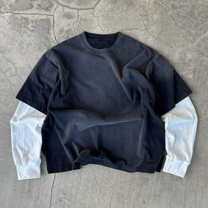 T-shirt <span class=keywords><strong>Termica</strong></span> da Uomo Personalizzata 100% Cotone a Doppio Strato a Maniche Lunghe <span class=keywords><strong>Nera</strong></span> Effetto Usurato Lavaggio Acido Oversize Waffle - Product Image 1