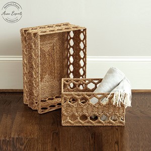 Set of 2 Rectangle Brown Seagrass <b>Woven</b> Storage <b>Baskets</b> for Stylish Tabletop Organization Home Decoration <b>Laundry</b> Kitchen Use - Product Image 5