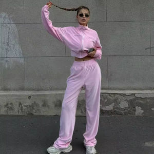 Fashion New High Street <b>Women</b> Suits Chic Hooded Zipper Cropped <b>Coat</b> Loose <b>Velvet</b> Sweatpants Casual Commuting Wide Leg Pants - Product Image 6