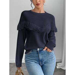 Pull en tricot floral pour femme avec col rond en dentelle à volants, manches longues, décontracté, anti-boulochage - Product Image 4