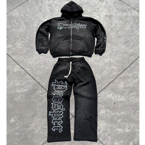 Traje de sudor personalizado 100% algodón francés Terry serigrafiado con capucha y pantalones de chándal conjunto parche desgastado lavado ácido chándales para hombres - Product Image 1