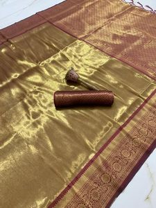 Tessuto di pura seta pesante sari tessitura originale in oro con lavoro di tessitura pesante camicetta da corsa bel colore