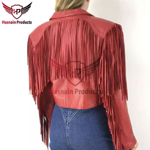Womens Real Red Leather <b>Jacket</b> Fringe Tassels Lapel Sheepskin <b>Western</b> Cowgirl Cropped Coat Custom Vintage Winter Outerwear - Product Image 3