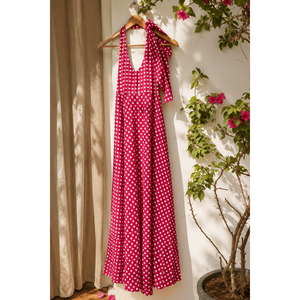 Robe Halter à Carreaux Fraise 100% Coton avec Volants au Crochet Style Fête Florale pour le Printemps - Product Image 3