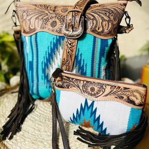 Bolso de mano de cuero con herramientas azteca de estilo tradicional occidental para mujer, bolso de hombro colorido y muñequera, Conjunto Combinado único - Product Image 2