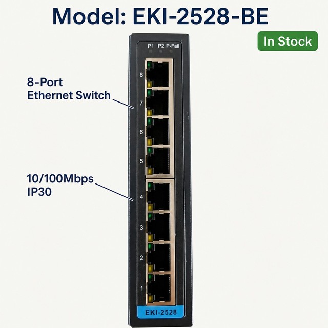 EKI-2528-BE 8-Port Unmanaged Industrial Ethernet Switch 10/100Mbps RJ45 for Automation Network DIN Rail IP30