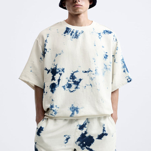 เสื้อยืดมัดย้อมสำหรับผู้ชายเสื้อถักนิตติ้งแขนสั้นสำหรับผู้ชายเสื้อคอกลมเปิดไหล่ปล่อยสำหรับฤดูร้อน - Product Image 3